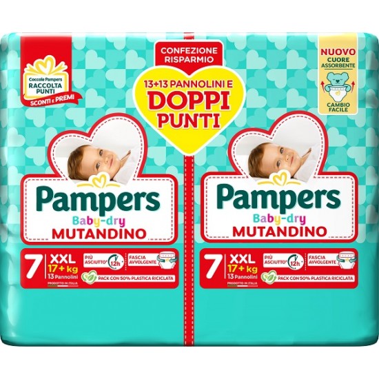 PAMPERS BABY DRY PANNOLINO MUTANDINA PACCO DOPPIO 7 MISURA 17+kg 26 PEZZI