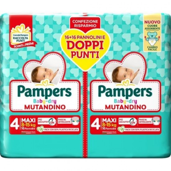 Pampers baby dry pannolino mutandina quarta misura 8-15kg pacco doppio 32 pezzi